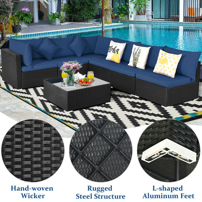 Juego de Sofá Seccional Exterior de 7 Piezas de Ratán para Patio con Tapa de Cristal Templado - Azul Marino