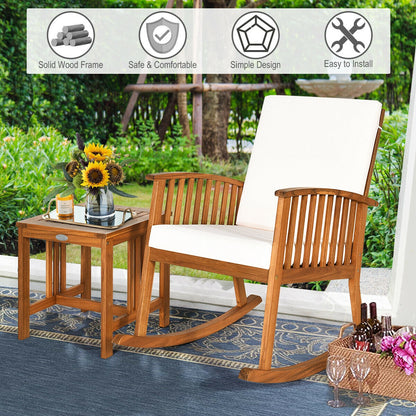 Juego de 2 sillas mecedoras con mesa de patio de madera de acacia