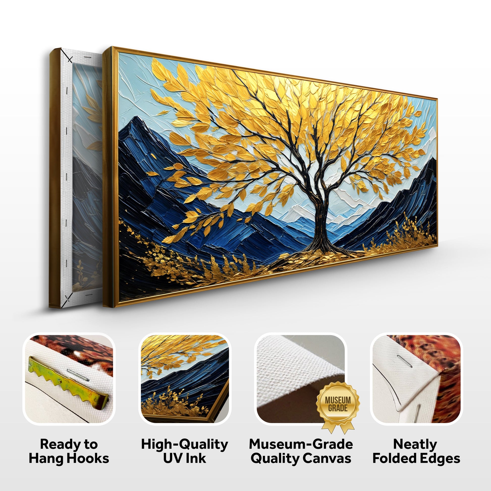 Golden Sanctuary Wall Art canvas by Tailored Canvases; golden-leaf tree on blue mountains on Tampa Home & Garden Store