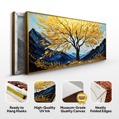Golden Sanctuary Wall Art canvas by Tailored Canvases; golden-leaf tree on blue mountains on Tampa Home & Garden Store