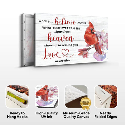Canvas When You Believe Beyond Faith Sign II; whitewashed backdrop, red cardinal on Tampa Home & Garden Store