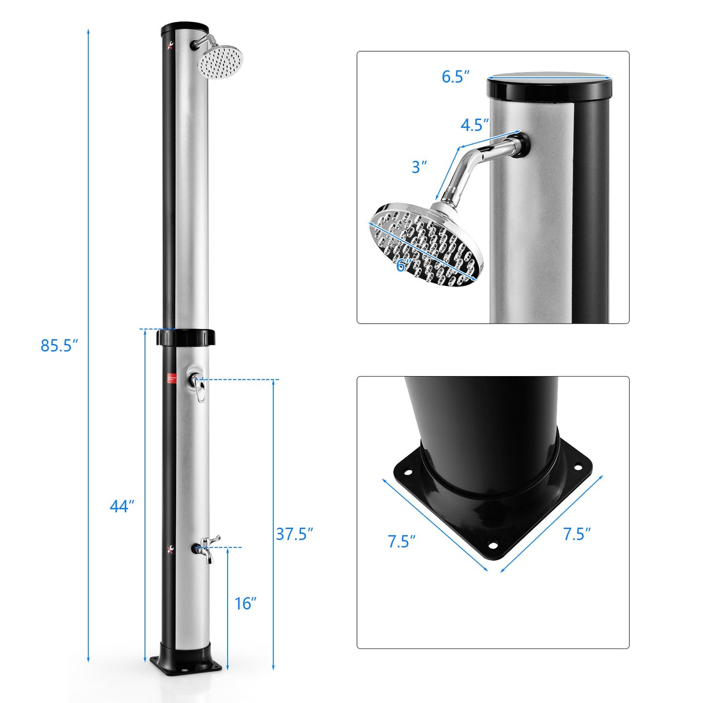GemGear 7.2 ft solar-heated outdoor shower column with free-rotating chrome shower head on Tampa Home & Garden Store