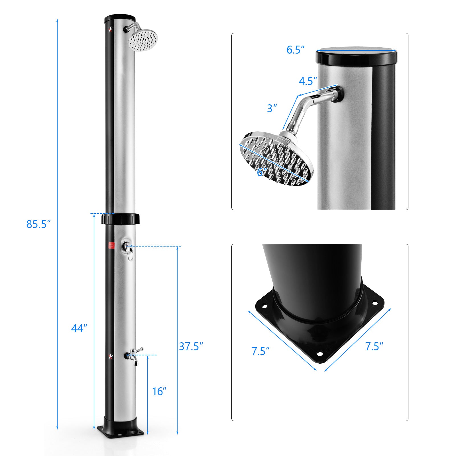 GemGear 7.2 ft solar-heated outdoor shower column with free-rotating chrome shower head on Tampa Home & Garden Store