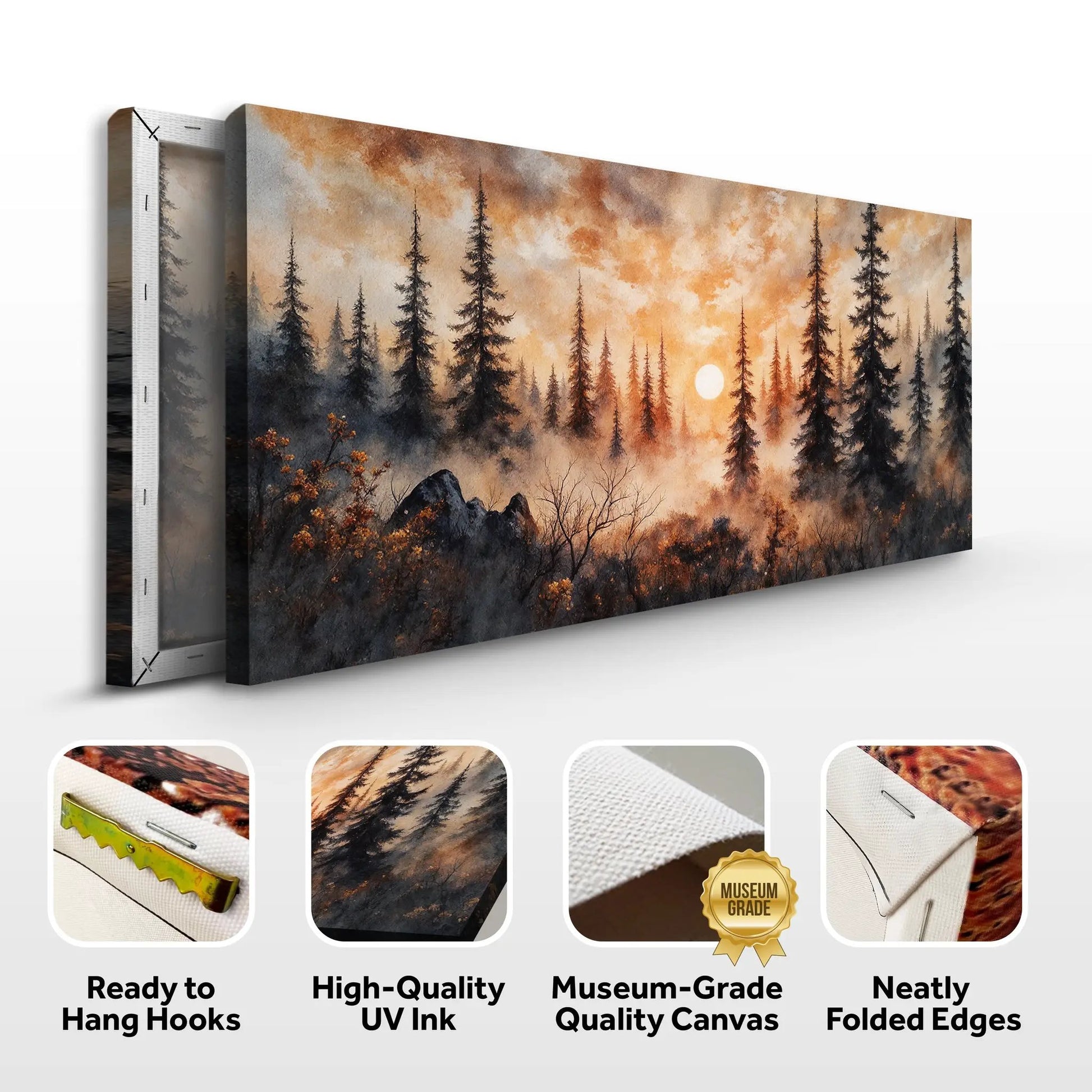 Rustic Forest Sunset Wall Art canvas by Tailored Canvases; warm orange sunset over dark pines on Tampa Home & Garden Store