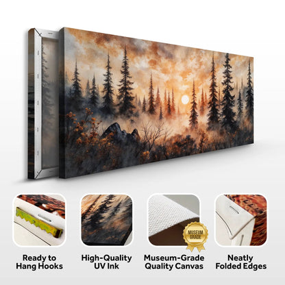 Rustic Forest Sunset Wall Art canvas by Tailored Canvases; warm orange sunset over dark pines on Tampa Home & Garden Store
