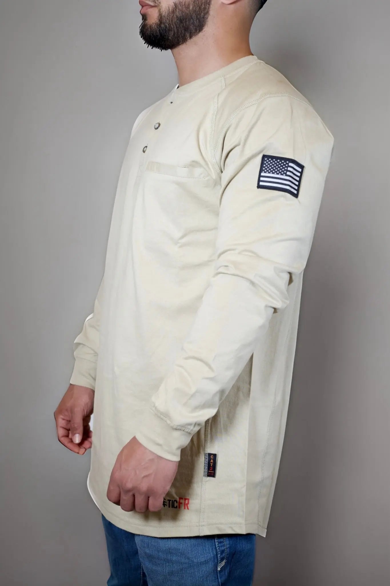 Static FR tan long-sleeve 3-button henley shirt with chest pocket and US flag patch on sleeve on Tampa Home & Garden Store