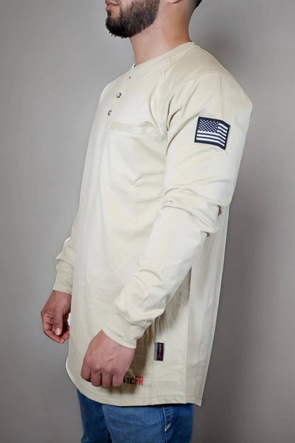 Static FR tan long-sleeve 3-button henley shirt with chest pocket and US flag patch on sleeve on Tampa Home & Garden Store