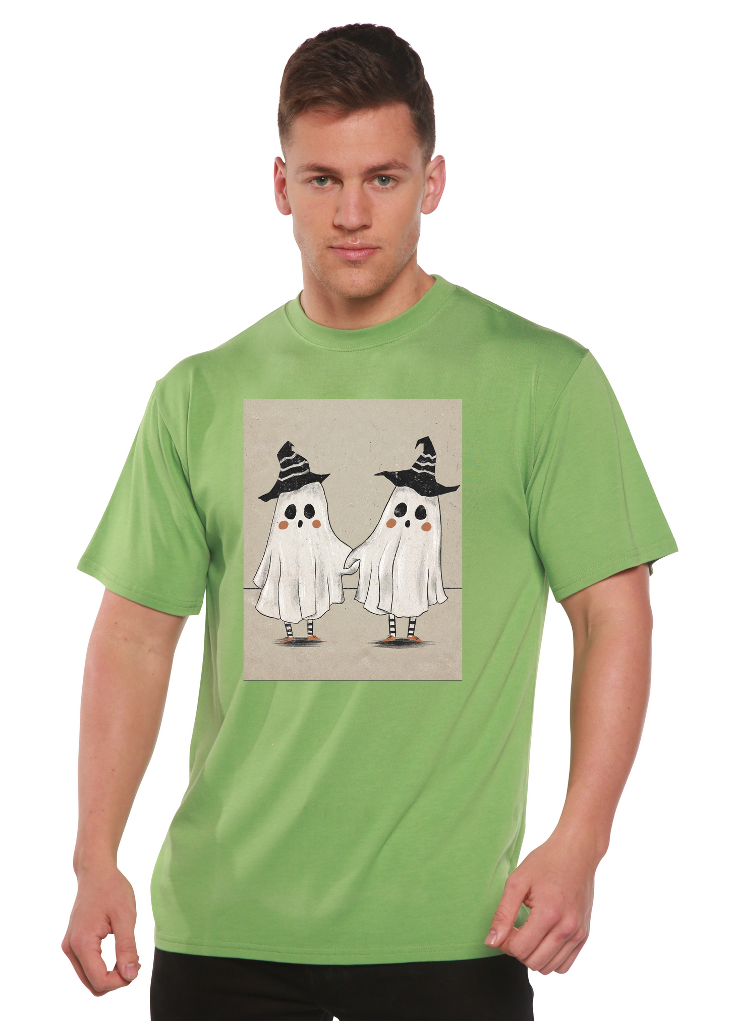 Cute Ghost men's bamboo viscose/organic cotton graphic tee green with twin ghosts chest on Tampa Home & Garden Store