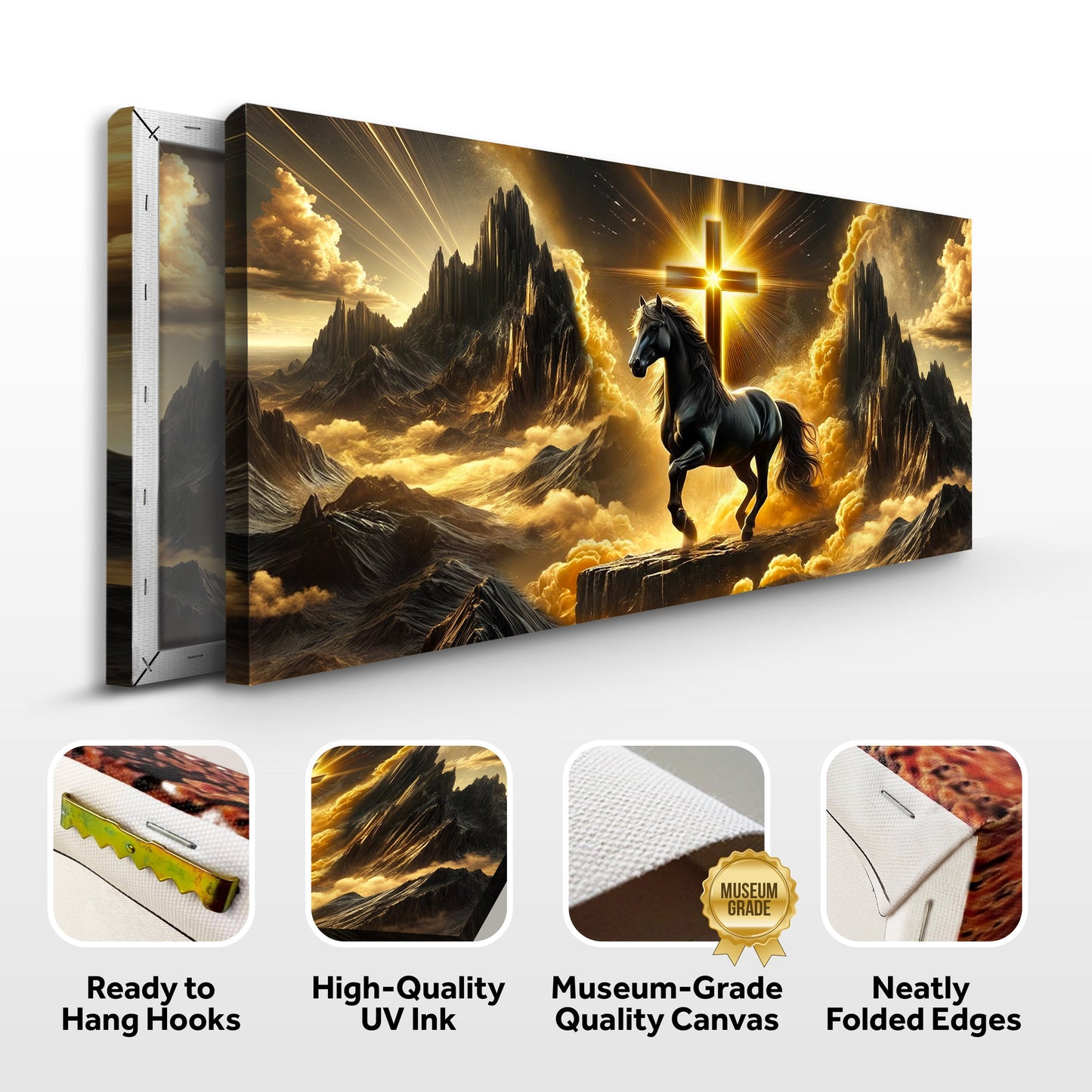 3D Horse Faith Wall Art canvas by Tailored Canvases, dramatic golden cross scene with a black horse on Tampa Home & Garden Store