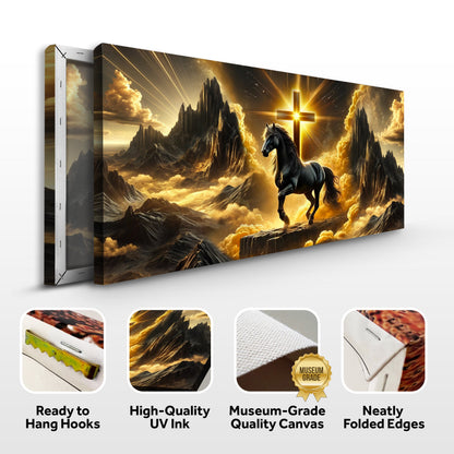 3D Horse Faith Wall Art canvas by Tailored Canvases, dramatic golden cross scene with a black horse on Tampa Home & Garden Store