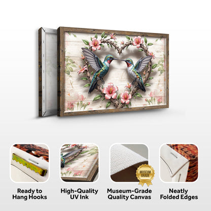 3D Hummingbirds Wall Art II canvas; rustic wood frame with pink flowers and two hummingbirds on Tampa Home & Garden Store