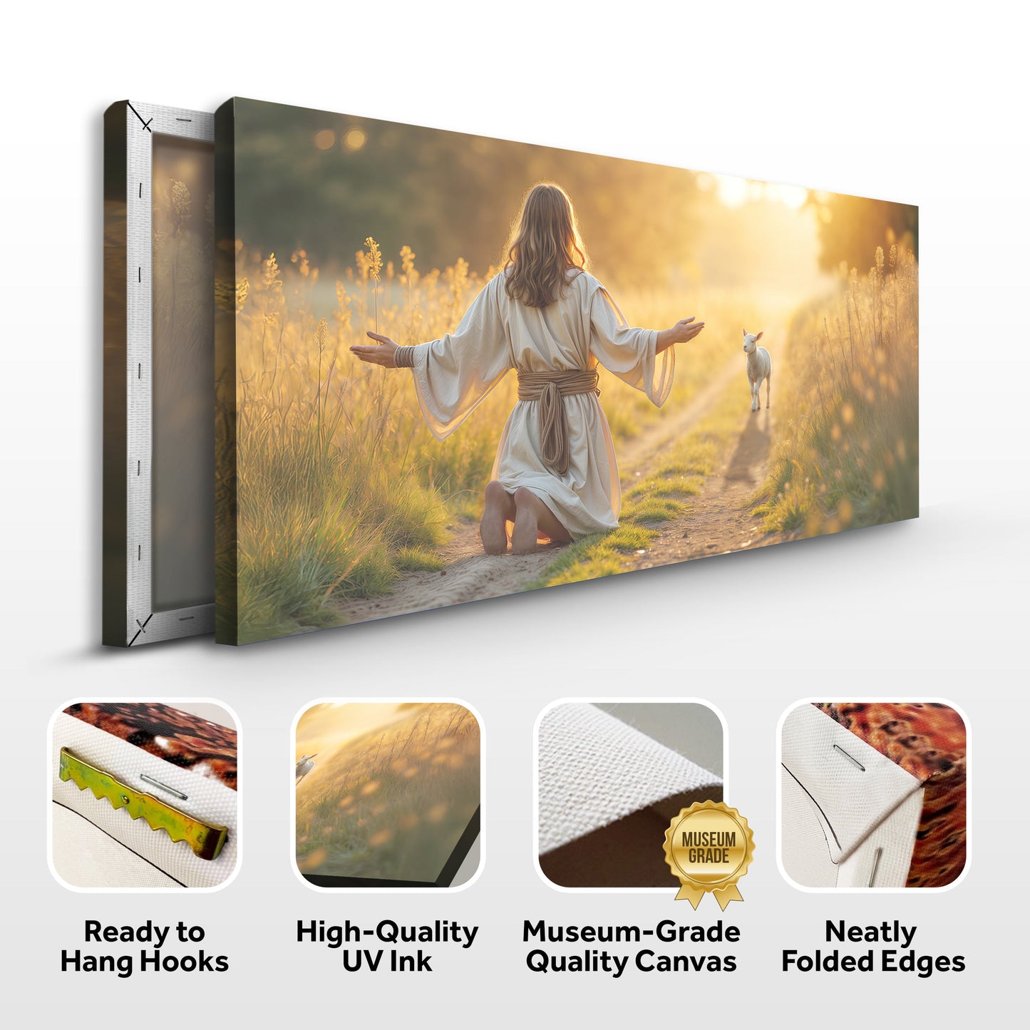 Canvas wall art Jesus protects the lamb from wolves IX in a field beside a kneeling woman on Tampa Home & Garden Store