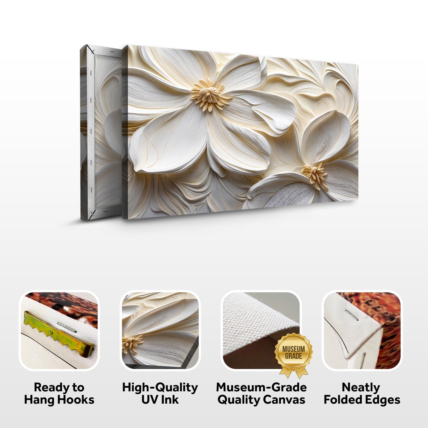 3D Minimalist Flower Wall Art II Canvas by Tailored Canvases cream and white floral petals on Tampa Home & Garden Store