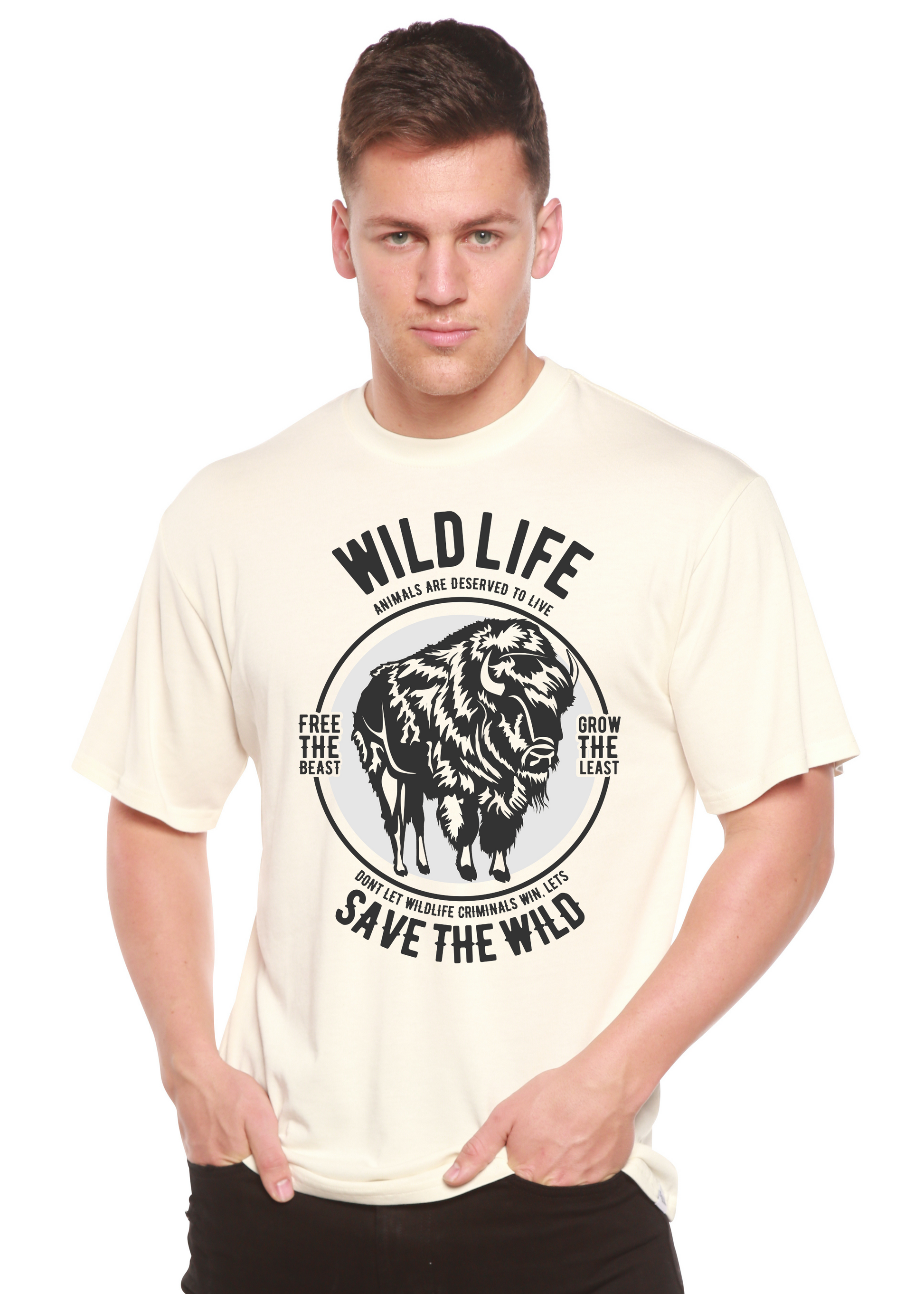 Spun Bamboo men's graphic T-shirt in cream with circular wildlife bison print on Tampa Home & Garden Store