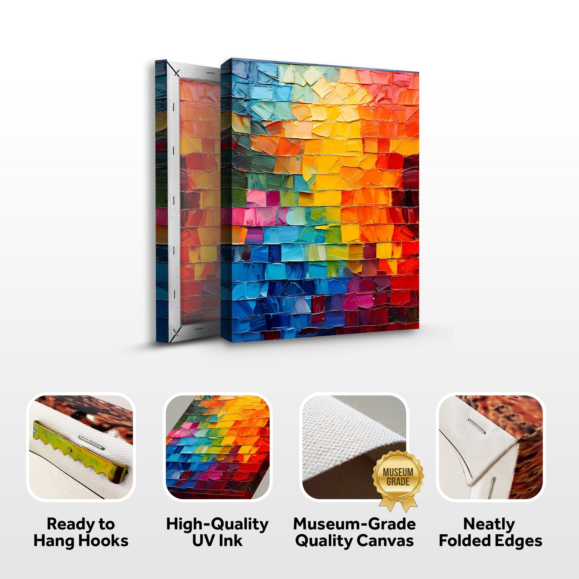 Spectrum Mosaic Wall Art canvas by Tailored Canvases, vibrant rainbow color tiles with texture on Tampa Home & Garden Store