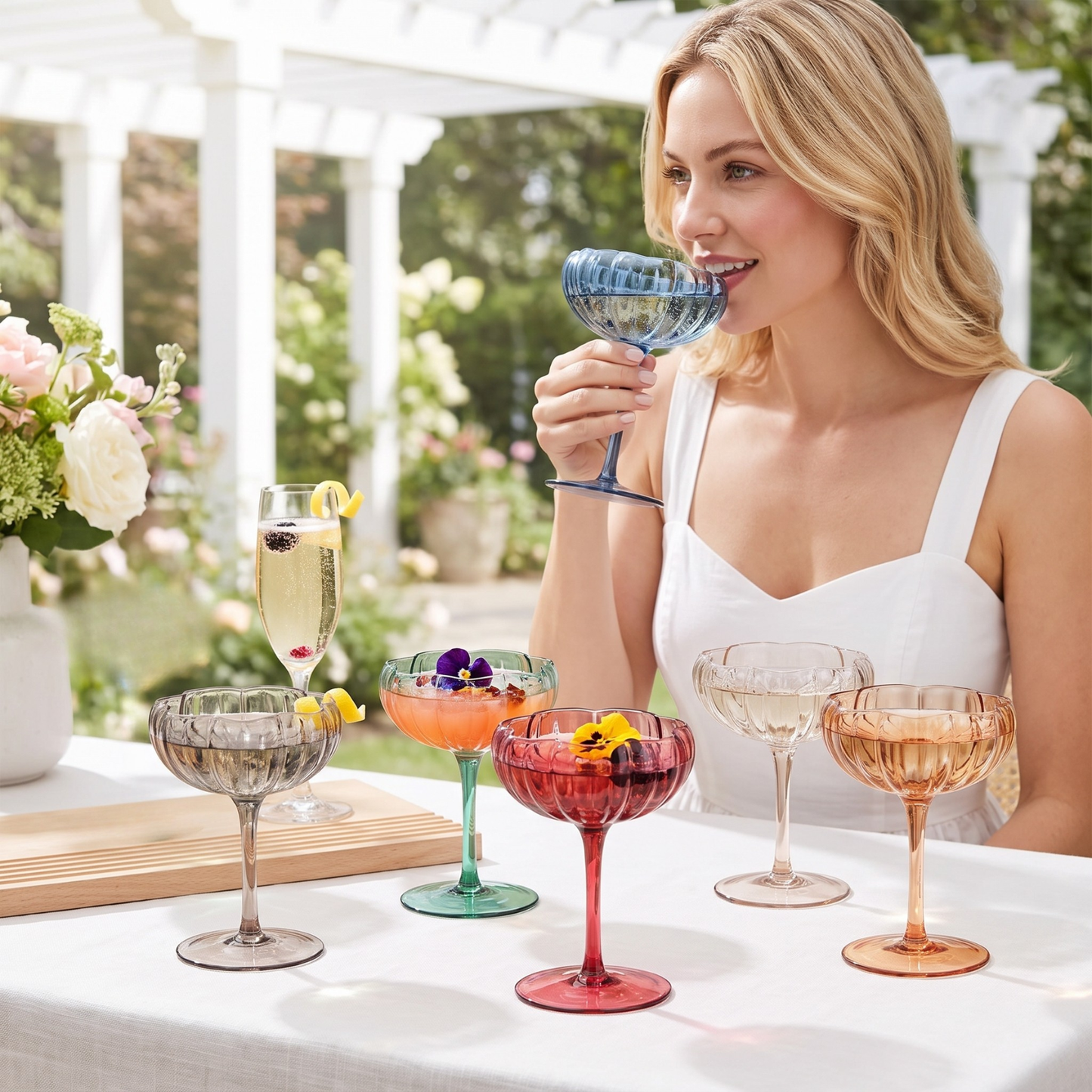 Muted Floral Coupe Cocktail Glasses Set of 6