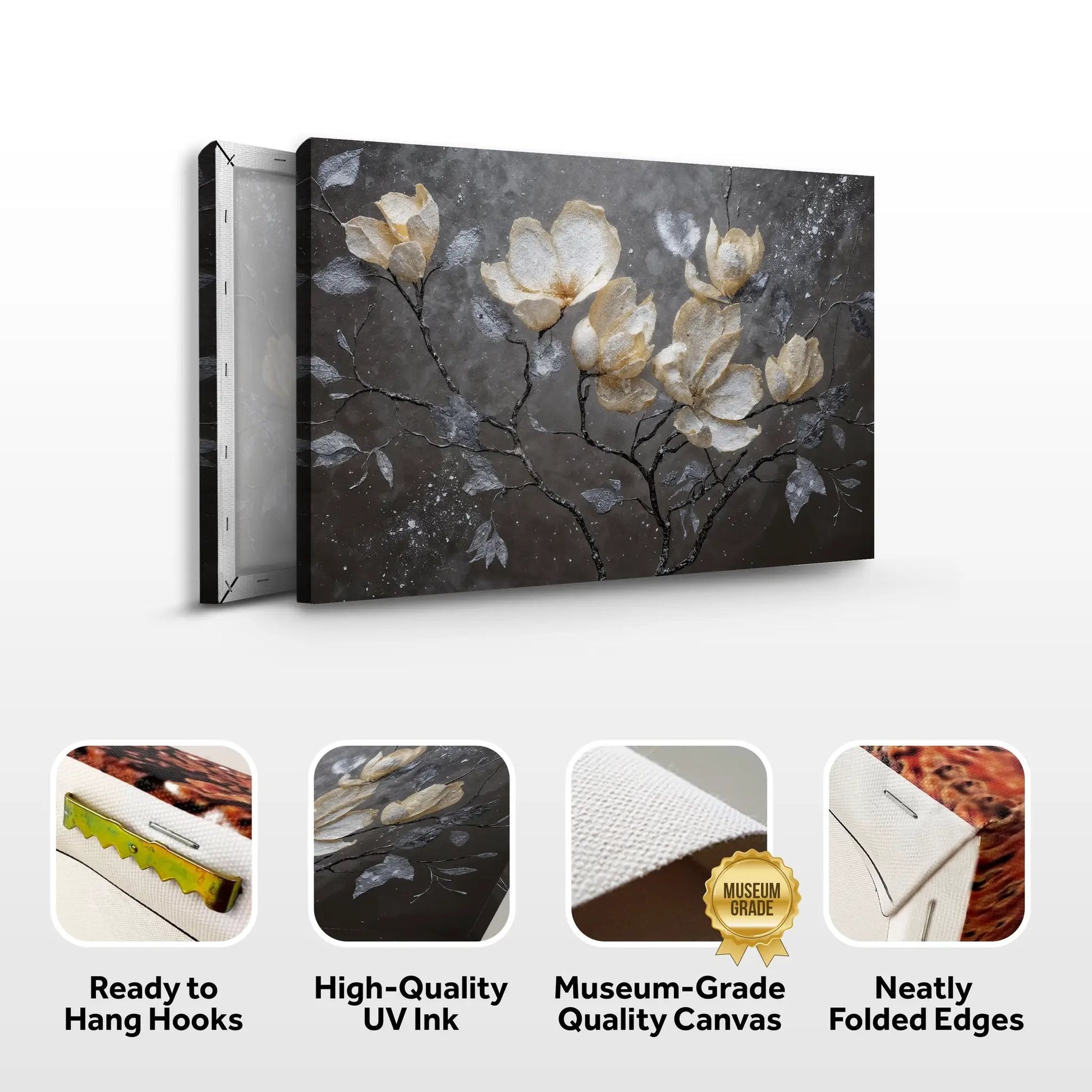 Midnight Magnolias wall art canvas by Tailored Canvases, dark backdrop with pale magnolias on Tampa Home & Garden Store