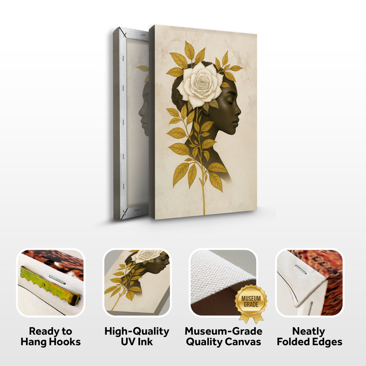 Floral Majesty Wall Art II canvas by Tailored Canvases features a dark profile with white rose and gold leaves on Tampa Home & Garden Store
