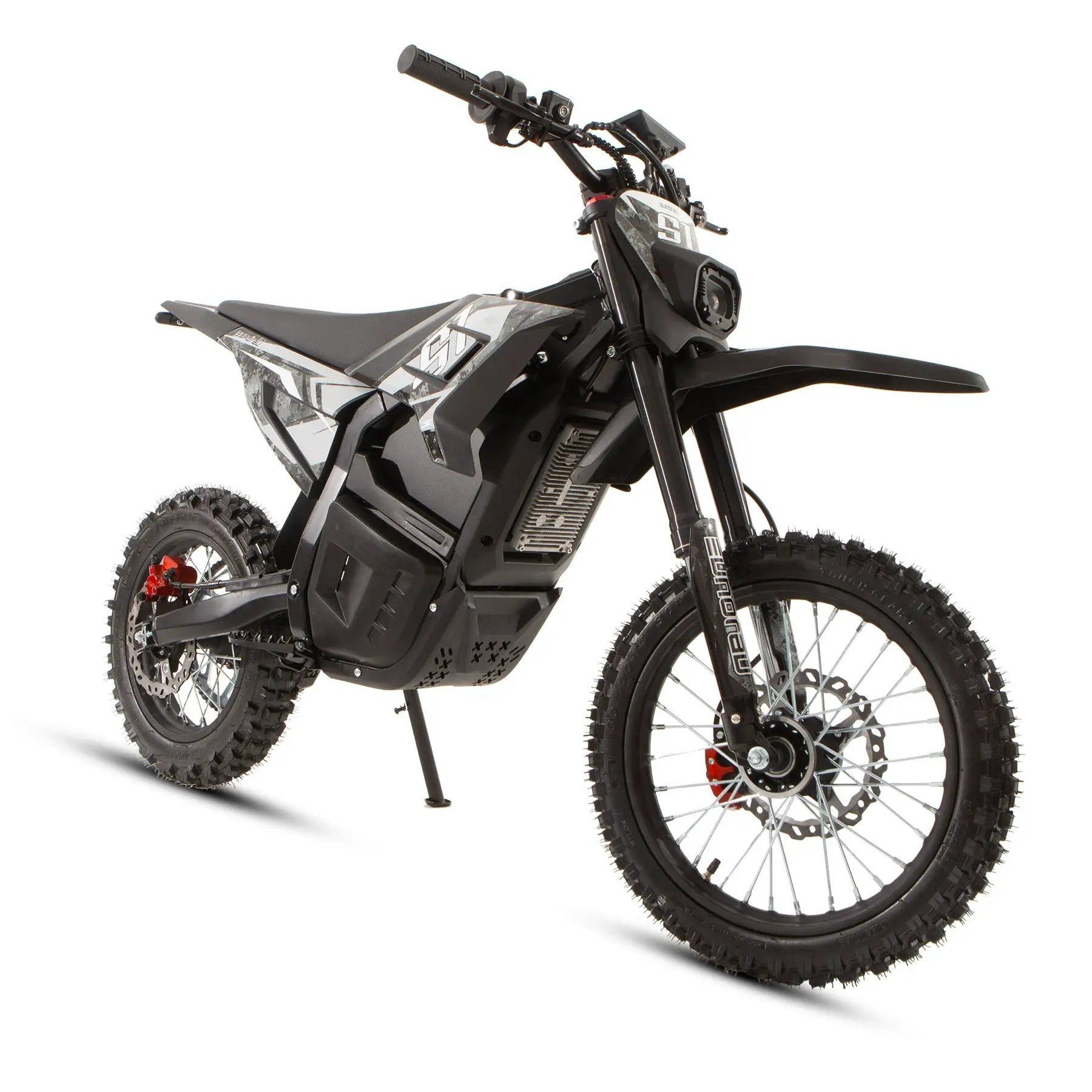 S1 Dirt Bike off-road electric bike; black gray camo body, knobby tires, front disc brake on Tampa Home & Garden Store