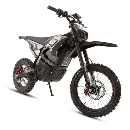 S1 Dirt Bike off-road electric bike; black gray camo body, knobby tires, front disc brake on Tampa Home & Garden Store
