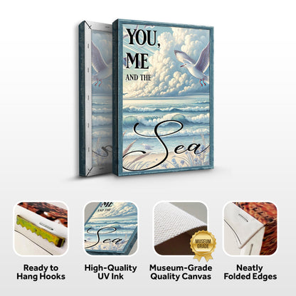 You Me and the Sea coastal sign IV canvas by Tailored Canvases teal frame seagull and clouds on Tampa Home & Garden Store