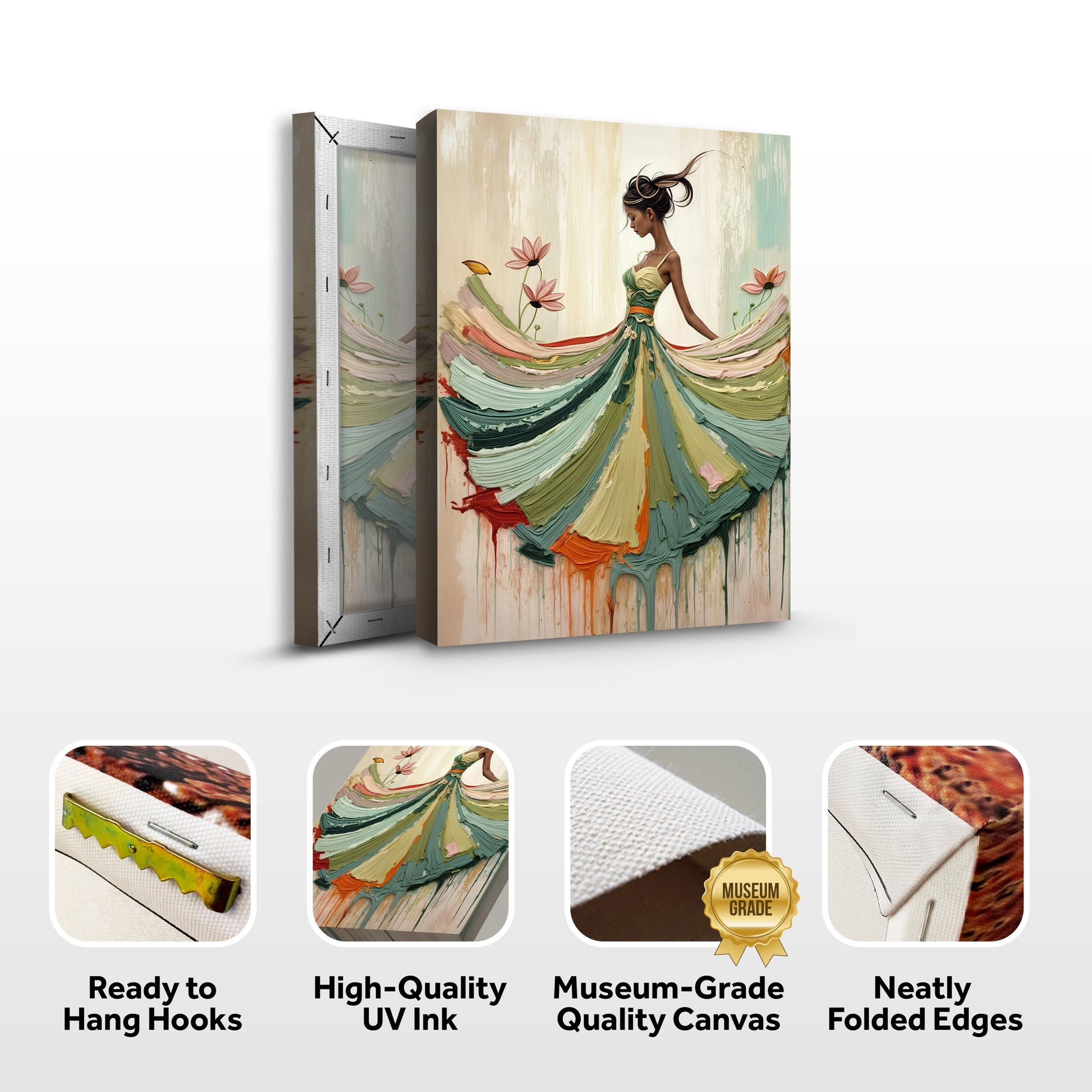 Blooming Modern Abstract Wall Art canvas with a stylized woman and colorful swirling dress on Tampa Home & Garden Store