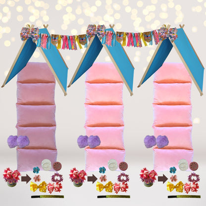 Butterfly Birthday Sleepover Kit with 4 pink sleeping bags and blue teepees, ribbons on Tampa Home & Garden Store