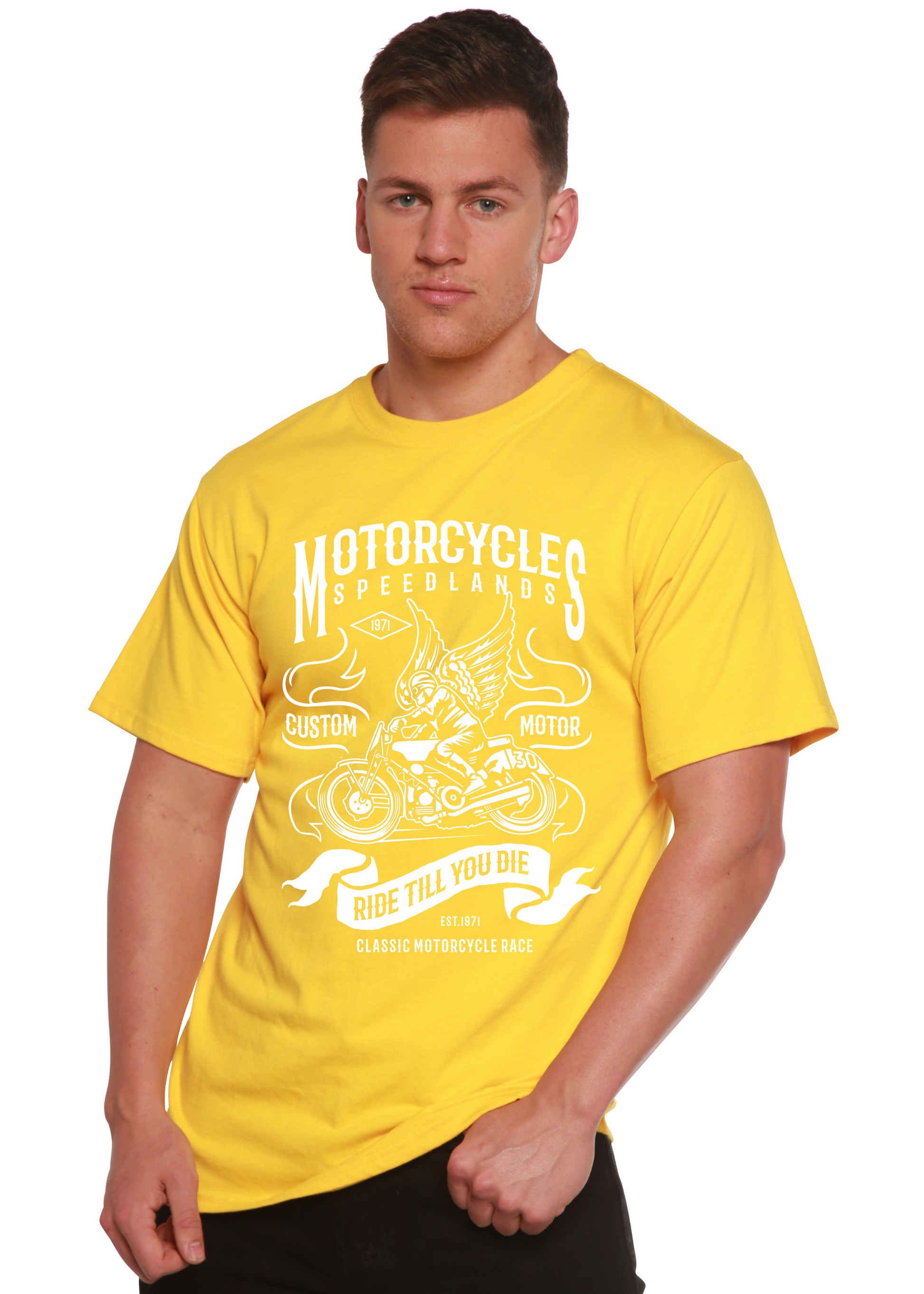 Motorcycles men's short sleeve graphic T-shirt yellow with white motorcycle artwork on Tampa Home & Garden Store