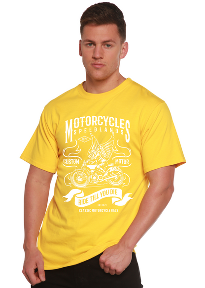 Motorcycles men's short sleeve graphic T-shirt yellow with white motorcycle artwork on Tampa Home & Garden Store