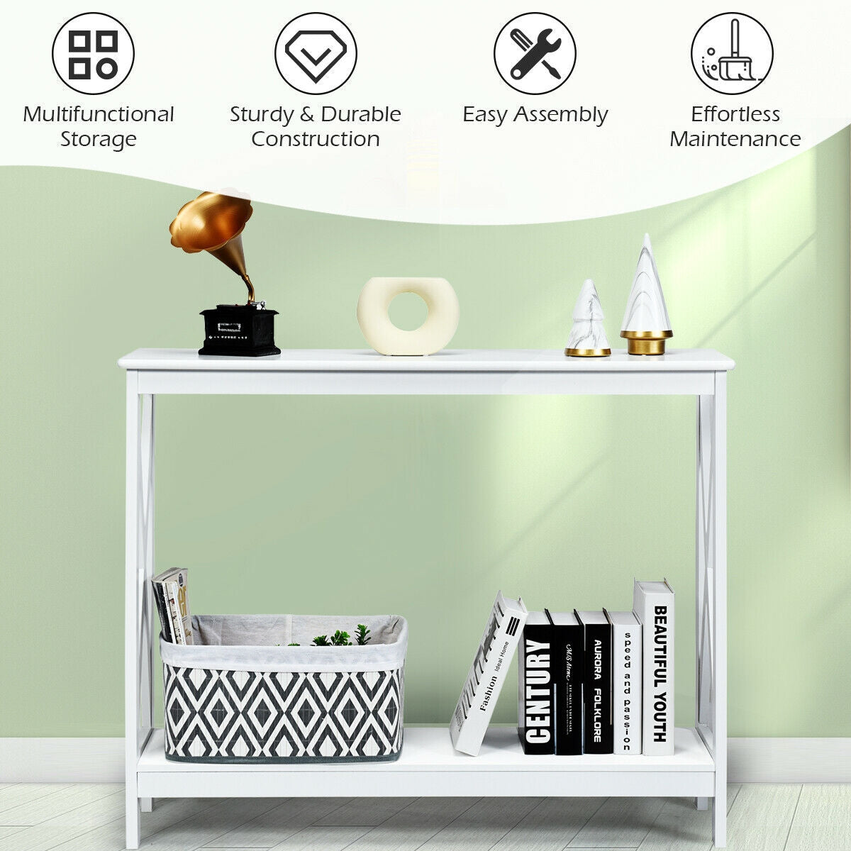 2-Tier Console Sofa Table finish with X-design legs, bottom shelf with bin and books DirectDeals on Tampa Home & Garden Store