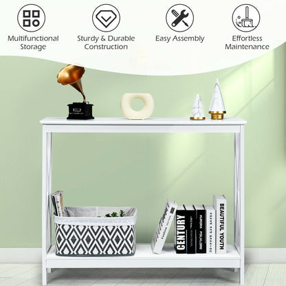 2-Tier Console Sofa Table finish with X-design legs, bottom shelf with bin and books DirectDeals on Tampa Home & Garden Store