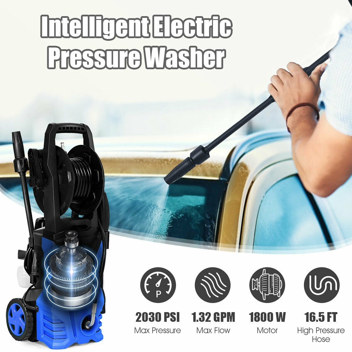 1800W 2030PSI Electric Pressure Washer Cleaner with Hose Reel-Blue