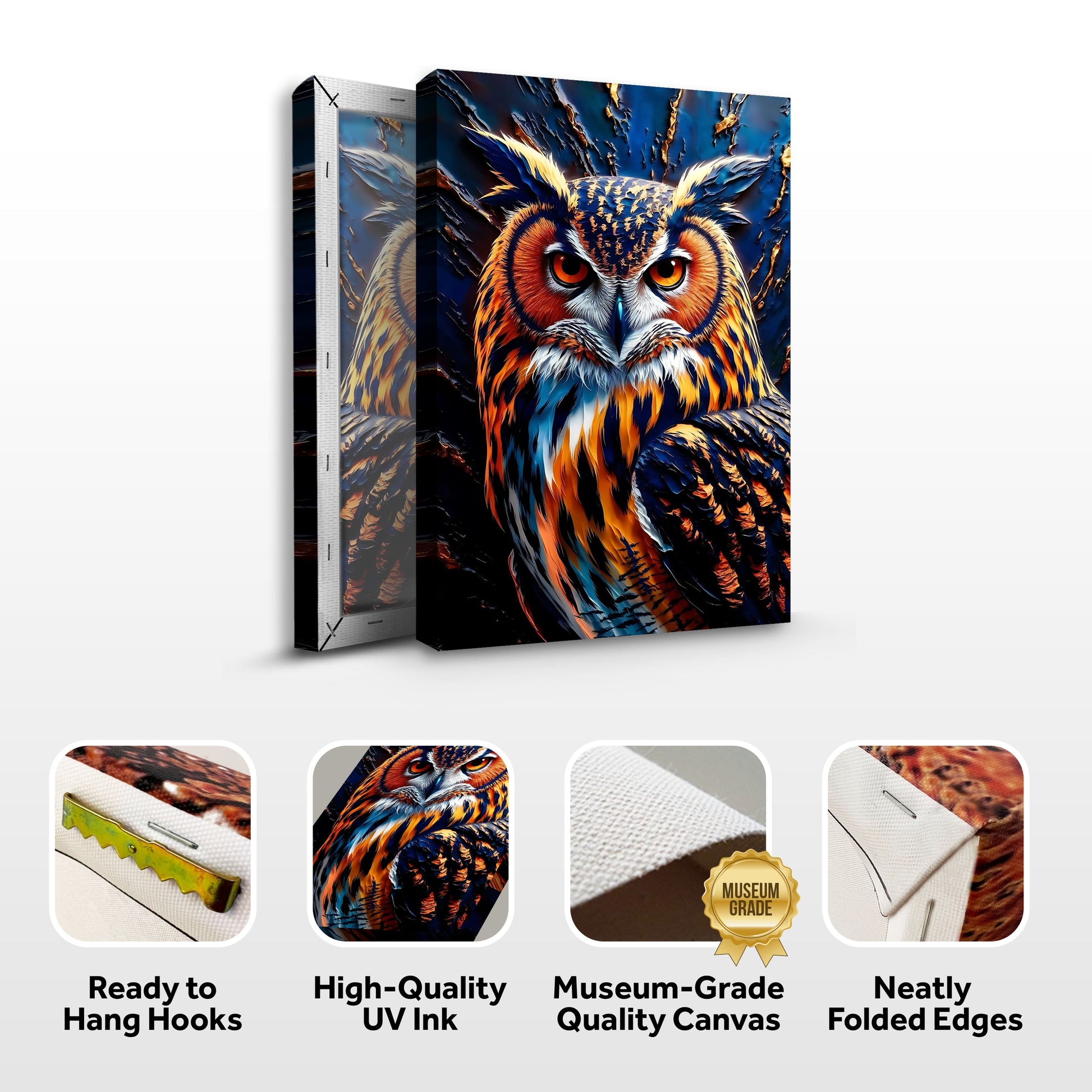 Abstract Owl Wall Art Canvas set of 3 by Tailored Canvases in vivid orange and blue plumage on Tampa Home & Garden Store