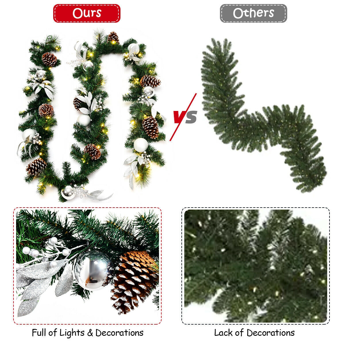 9 Feet Pre-Lit Christmas Garland with LED Lights by DirectDeals; green garland with silver leaves on Tampa Home & Garden Store