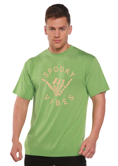 Spooky Vibes men's bamboo viscose short sleeve shirt lime green with beige skeleton hand on Tampa Home & Garden Store