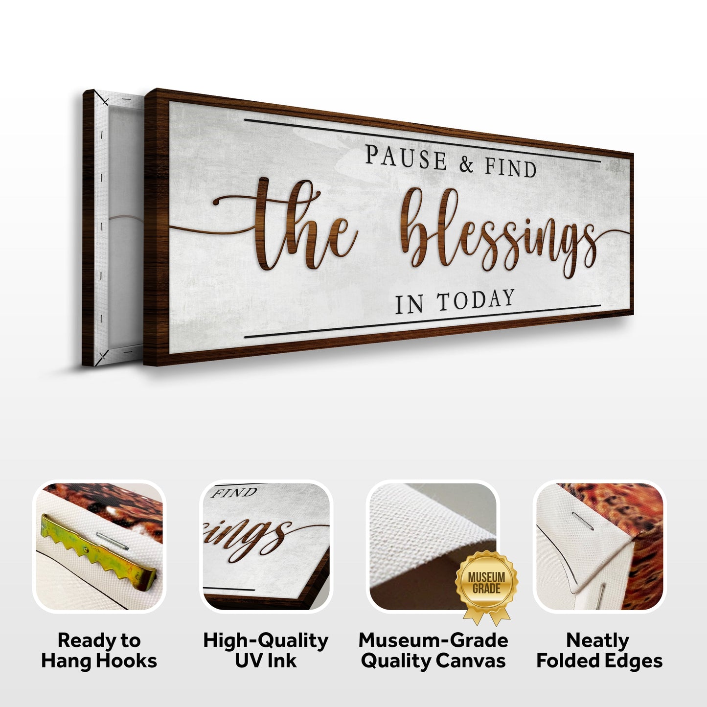 Pause & Find The Blessings In Today Faith Sign canvas with dark wood frame by Tailored Canvases on Tampa Home & Garden Store
