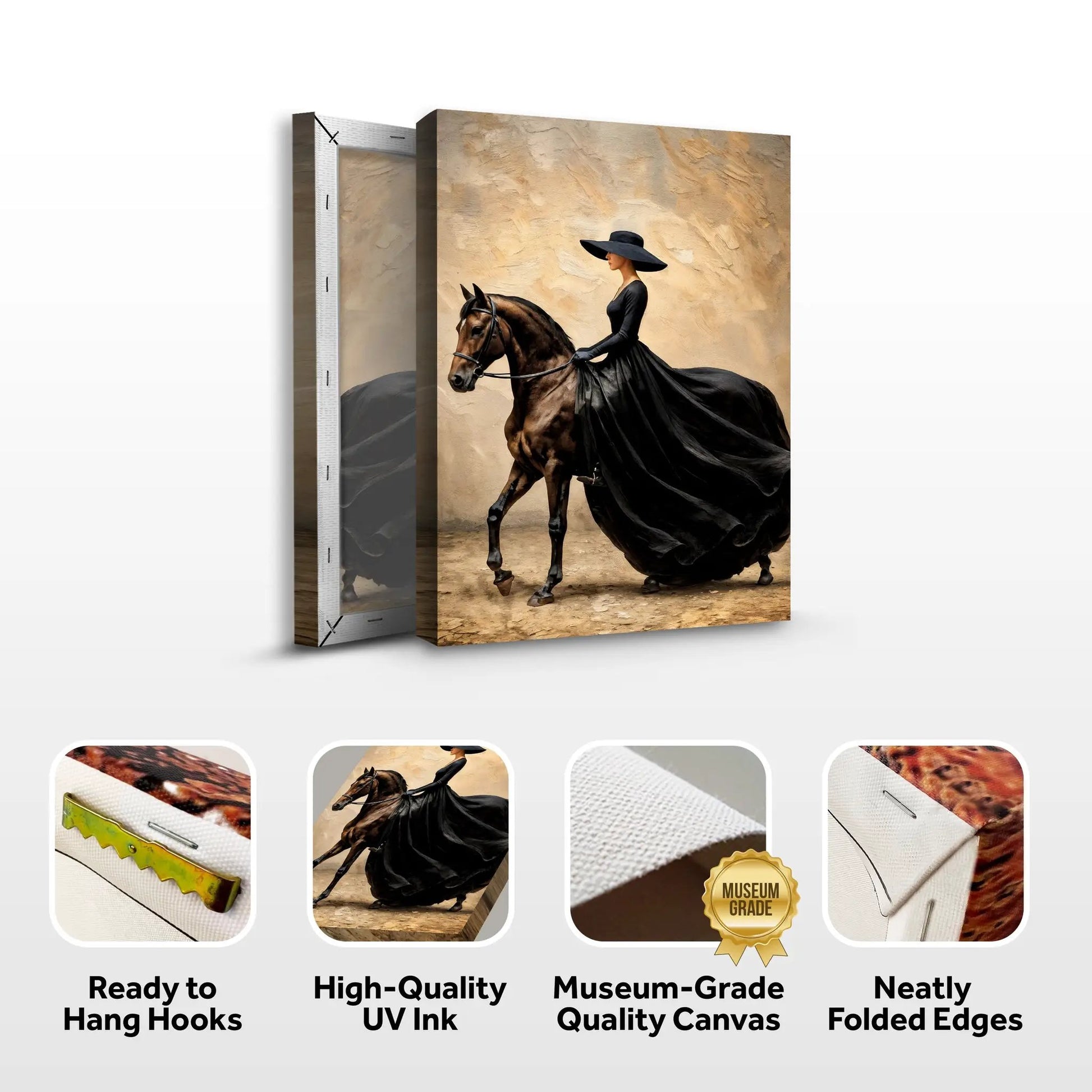 Elegant Equestrian Wall Art canvas by Tailored Canvases, rider in black dress on a horse on Tampa Home & Garden Store