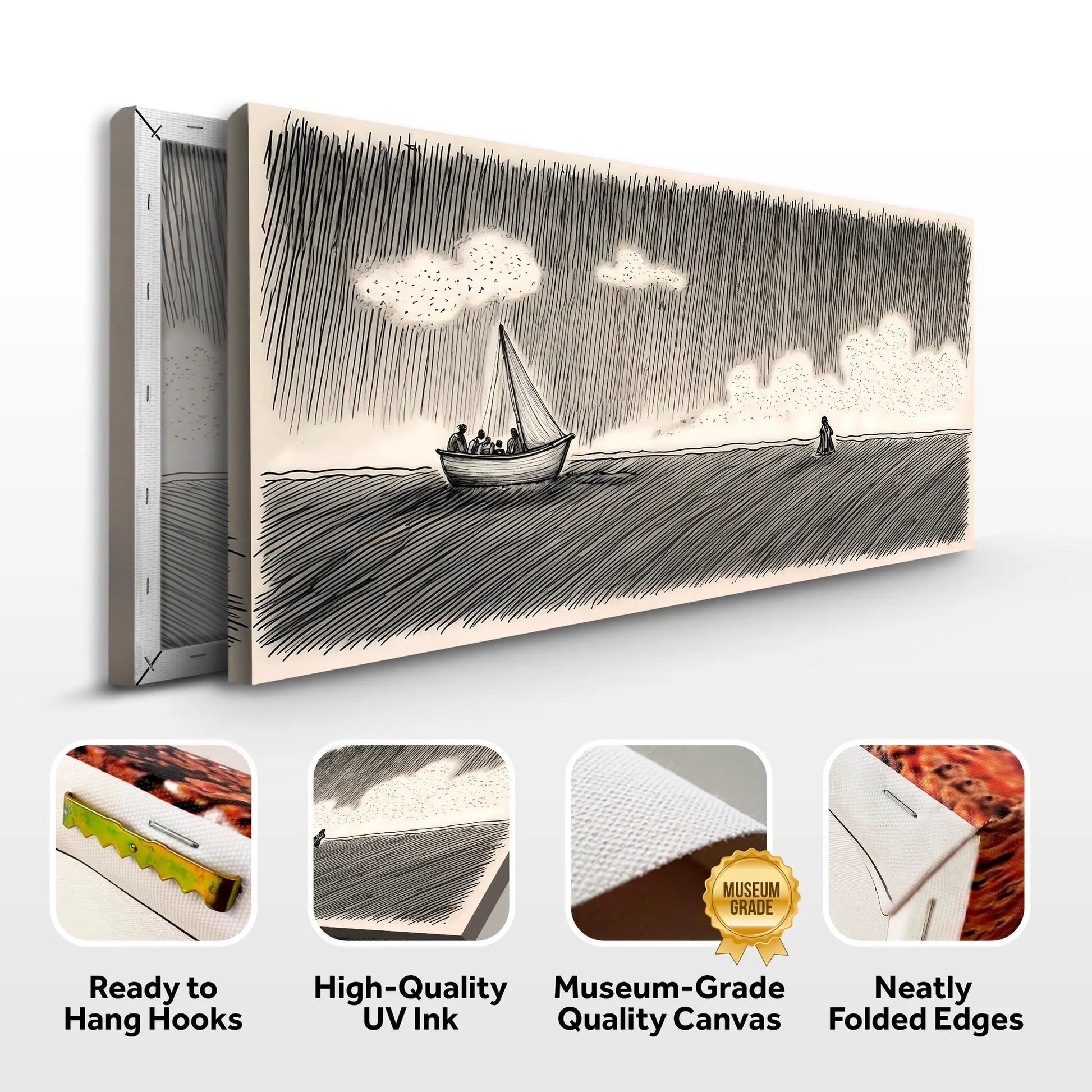 Jesus Walking On Water Faith Wall Art V canvas by Tailored Canvases with rainy boat scene on Tampa Home & Garden Store