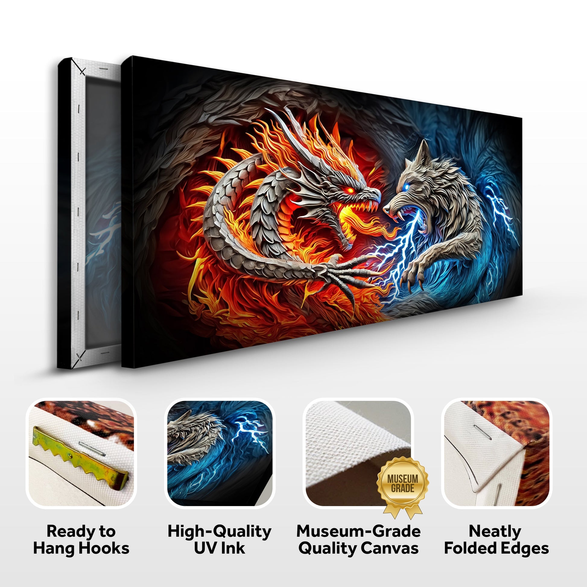 3D Dragon and Wolf Wall Art II canvas by Tailored Canvases, fiery dragon vs icy wolf on Tampa Home & Garden Store