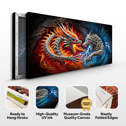 3D Dragon and Wolf Wall Art II canvas by Tailored Canvases, fiery dragon vs icy wolf on Tampa Home & Garden Store