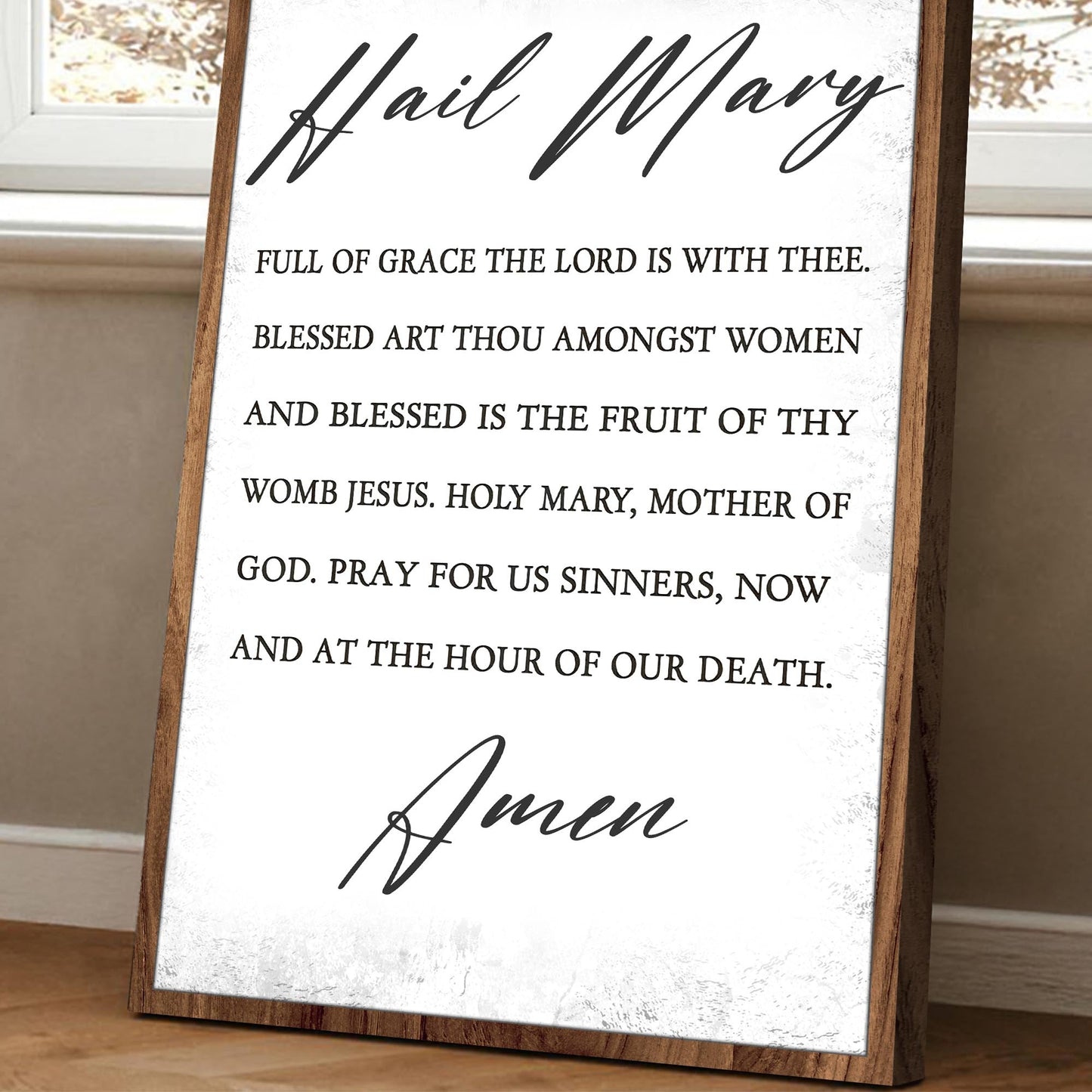 The Hail Mary Faith Sign canvas with black script on white canvas wood frame on Tampa Home & Garden Store