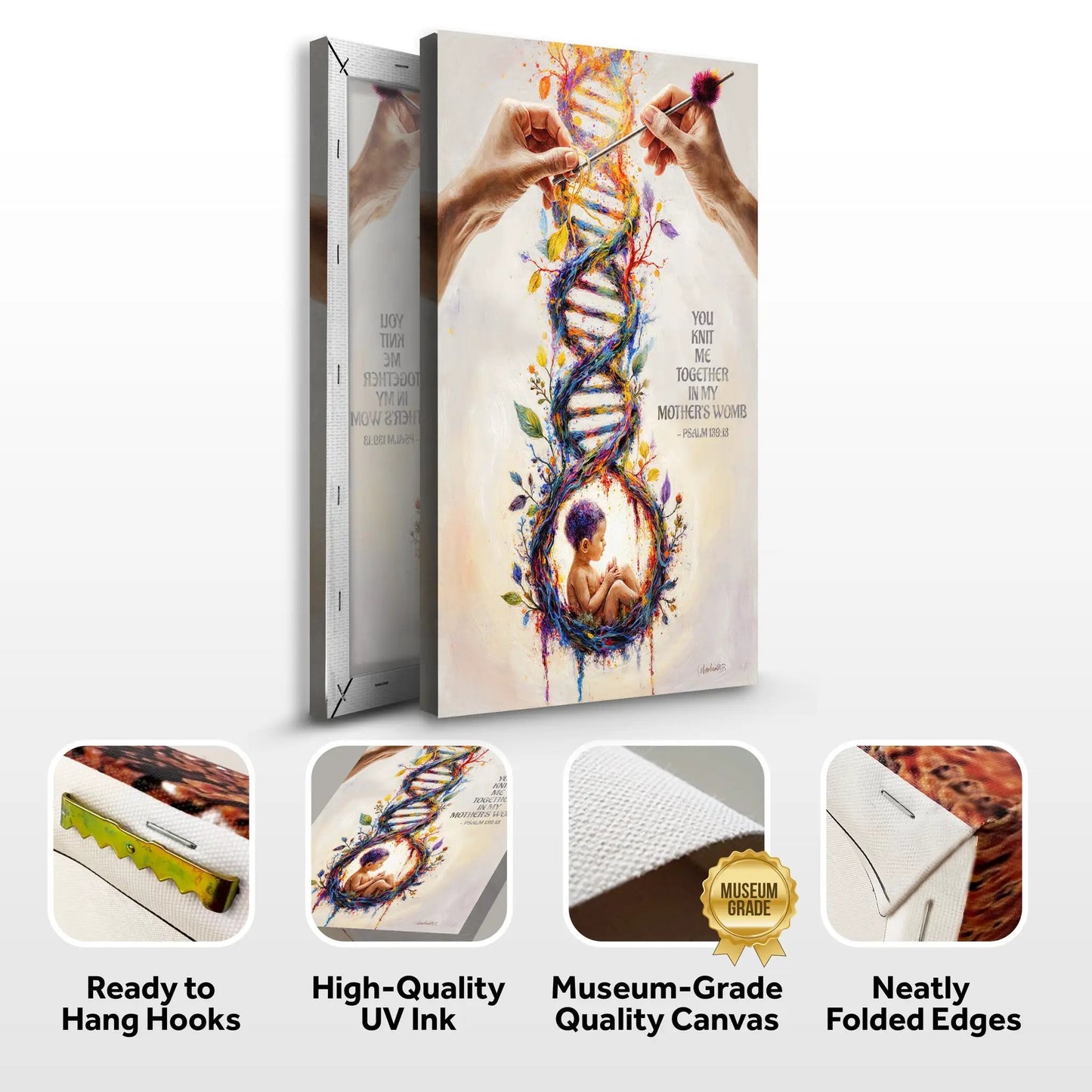 Canvas faith sign Psalm 139:13 Knit Me In My Mother's Womb with colorful DNA motif on Tampa Home & Garden Store