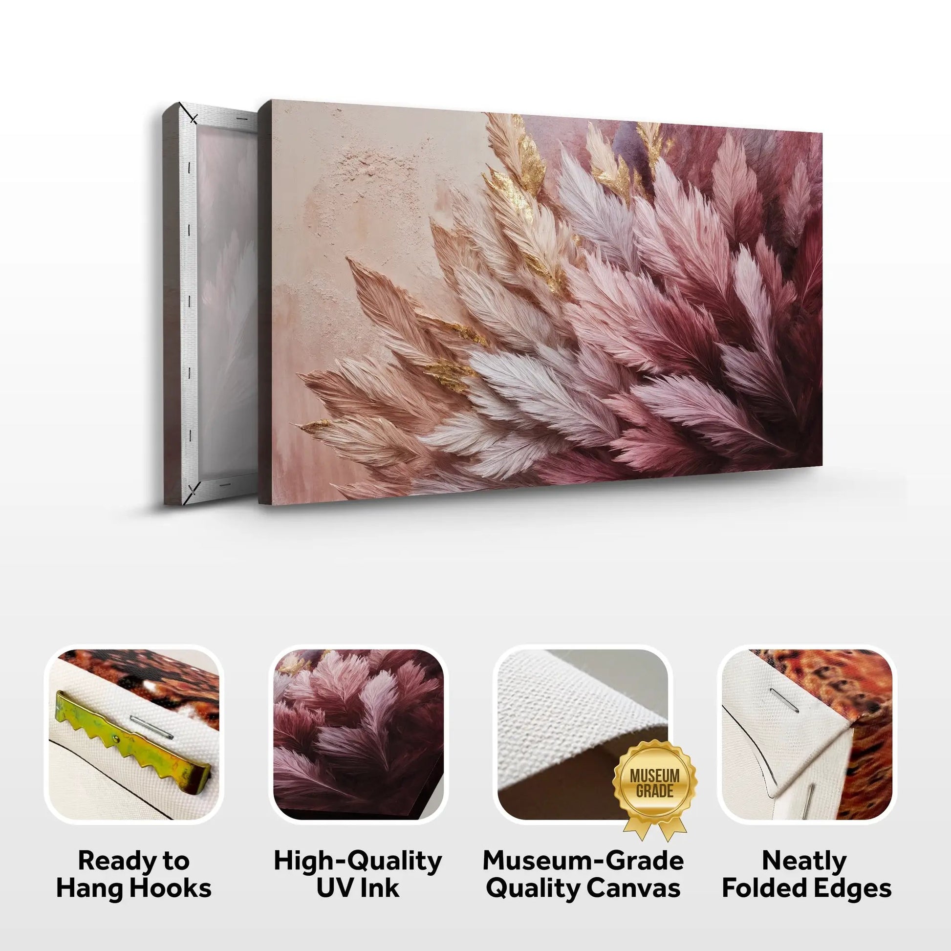 Feather Symphony Wall Art canvas by Tailored Canvases with pink maroon feathers and gold accents on Tampa Home & Garden Store