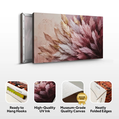 Feather Symphony Wall Art canvas by Tailored Canvases with pink maroon feathers and gold accents on Tampa Home & Garden Store