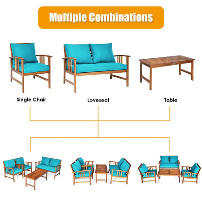 Juego de Muebles de Patio de Madera de 4 Piezas con Mesa, Sofá, Silla y Cojines para Jardín