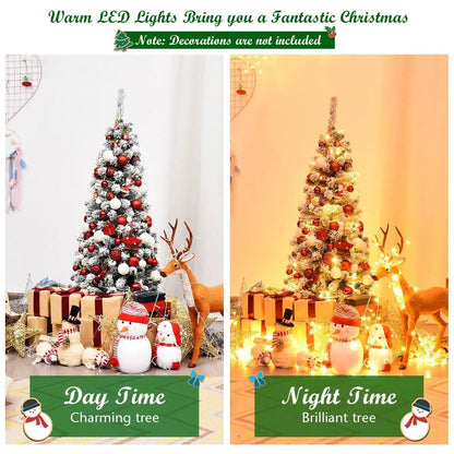 DirectDeals 4.5 ft pre-lit snow-flocked pencil Christmas tree with 150 LED lights in day and night view on Tampa Home & Garden Store