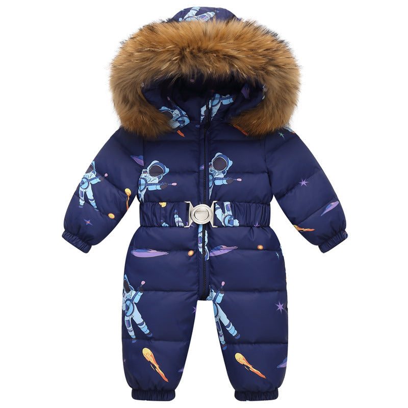 Stevvex navy baby snowsuit with fur hood and astronaut print belted design on Tampa Home & Garden Store