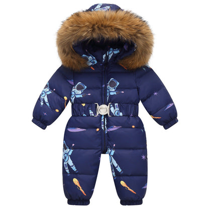 Stevvex navy baby snowsuit with fur hood and astronaut print belted design on Tampa Home & Garden Store
