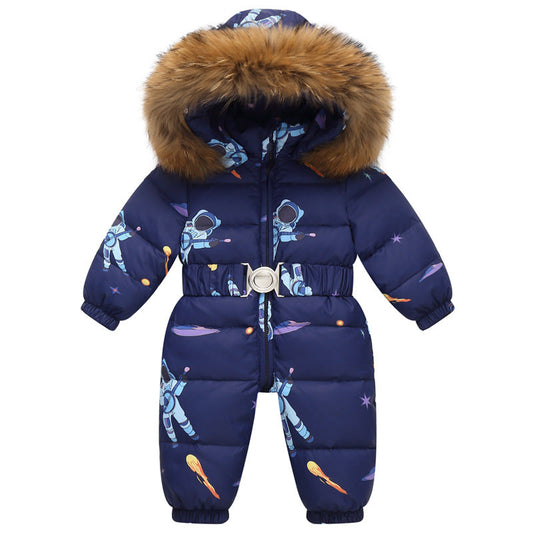 Stevvex navy baby snowsuit with fur hood and astronaut print belted design on Tampa Home & Garden Store