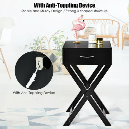 Mesa Auxiliar de Sofá de Diseño con Cajón en Forma de X para Sala de Estar o Dormitorio - Negro